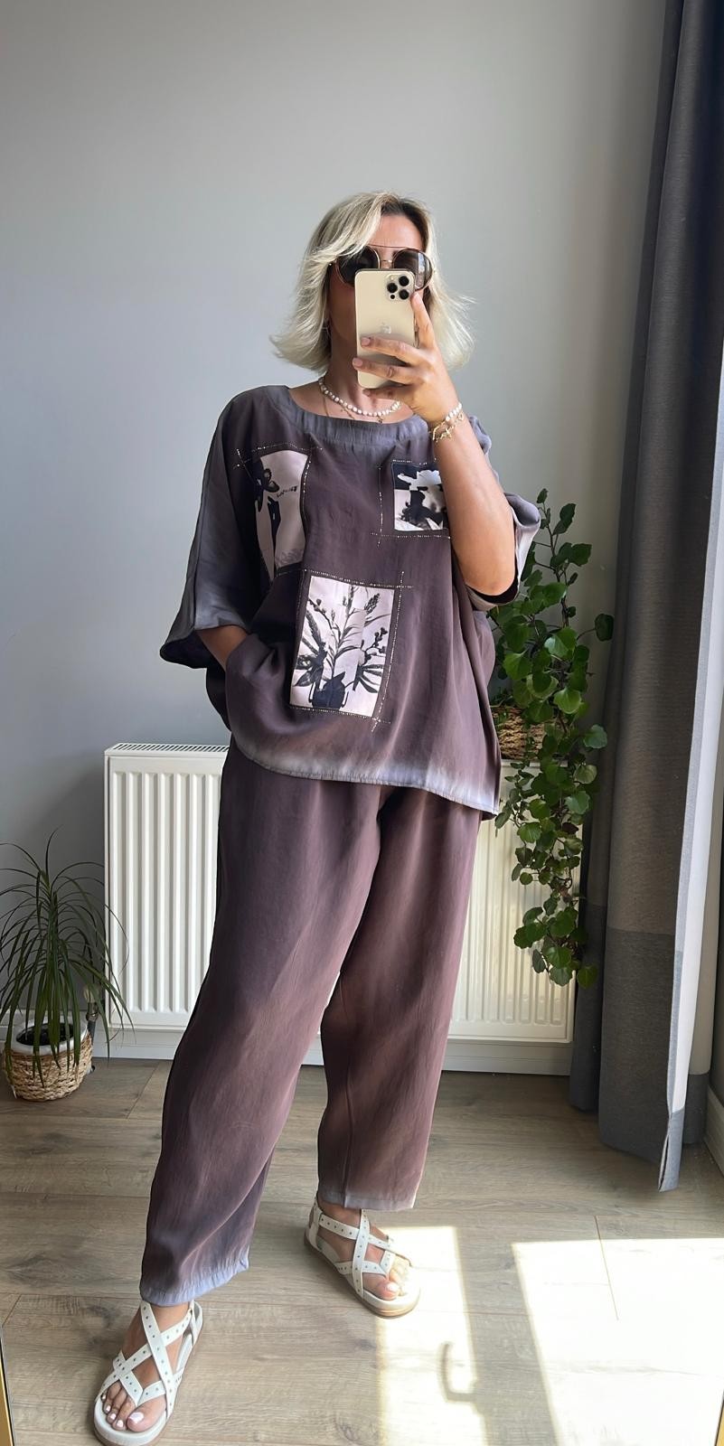 Aplike Detaylı Pantolon Takım - Kahverengi