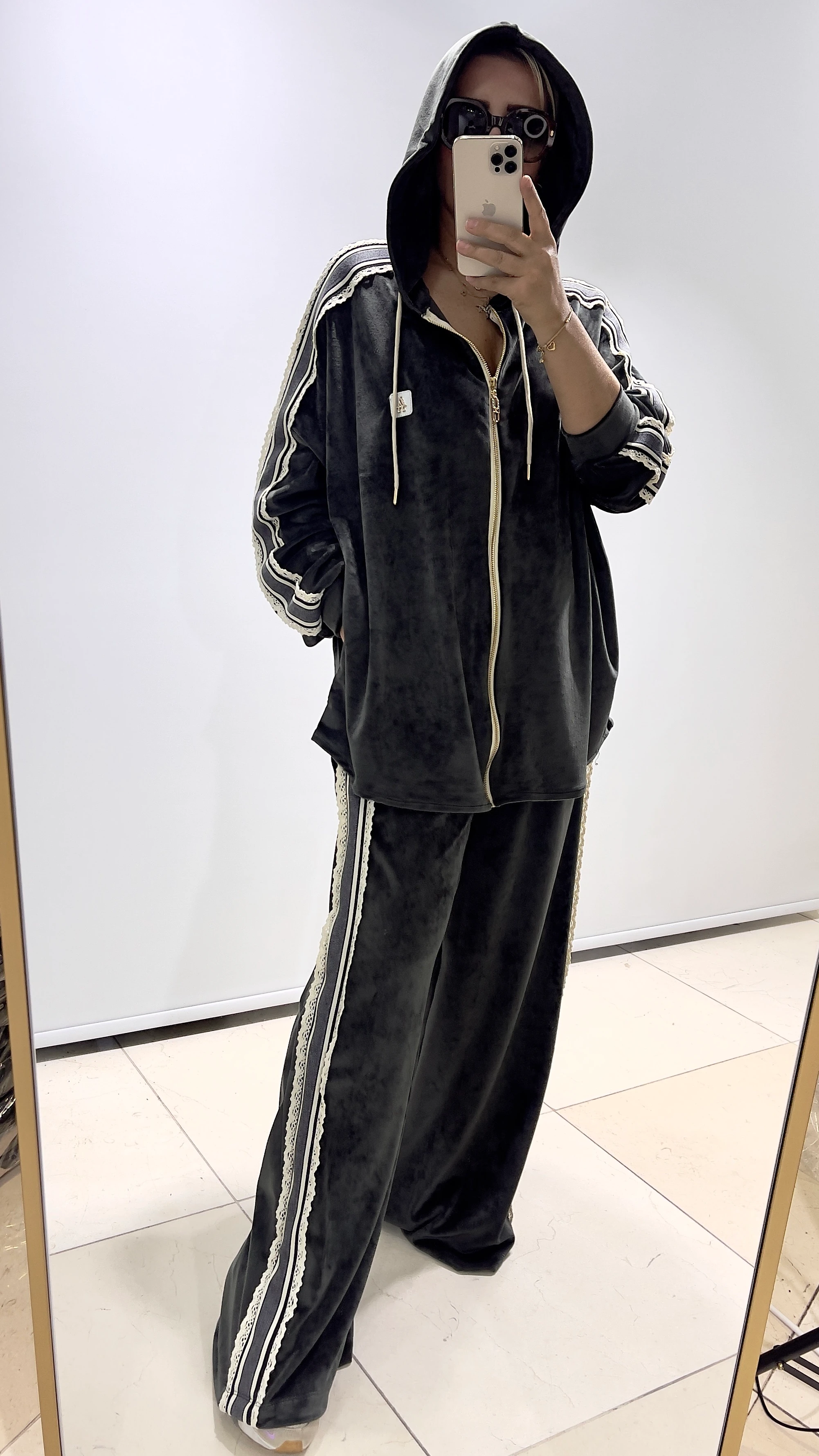 Fransız Kadife Ribanalı Takım - antrasit