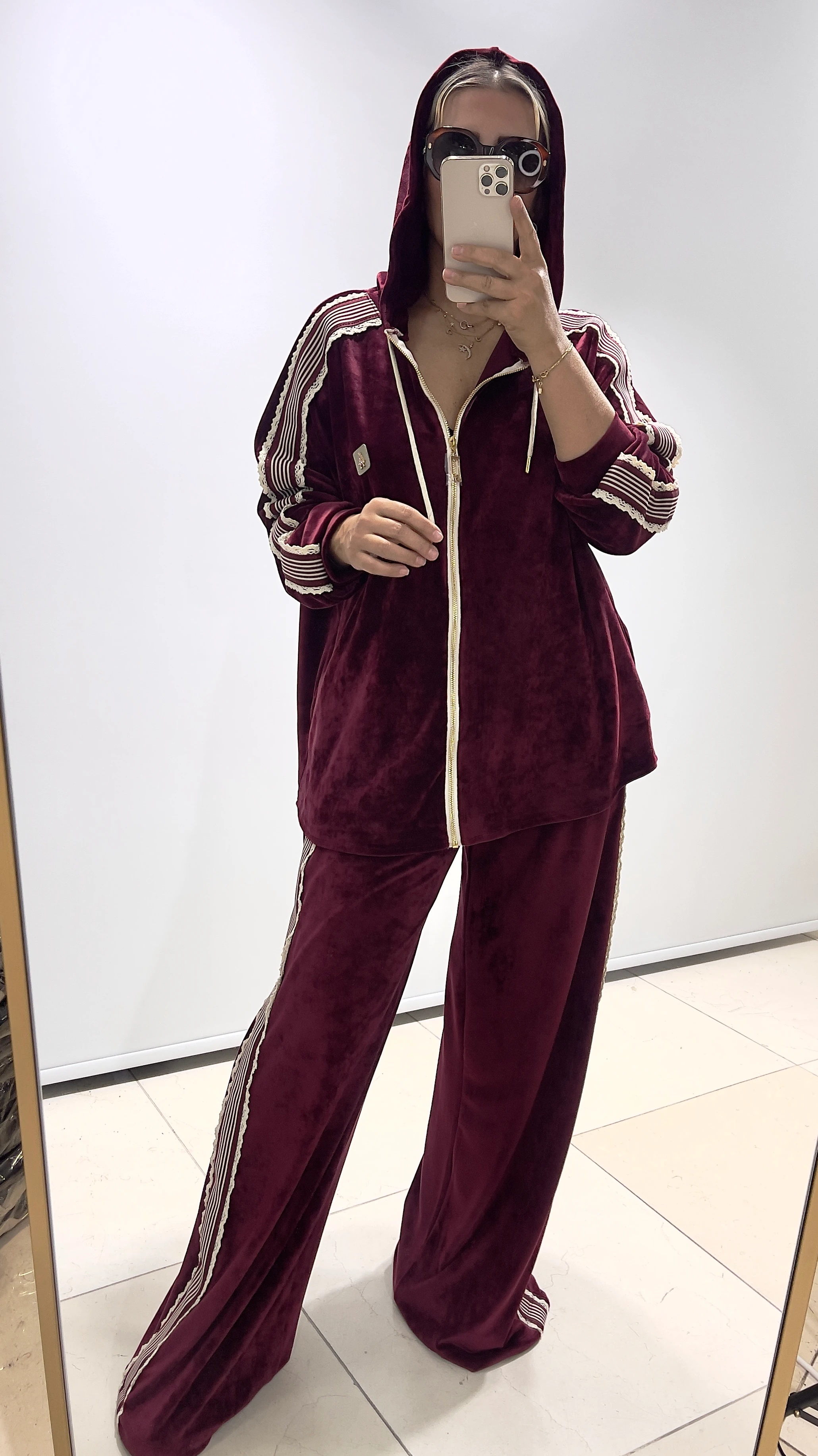 Fransız Kadife Ribanalı Takım - Bordo