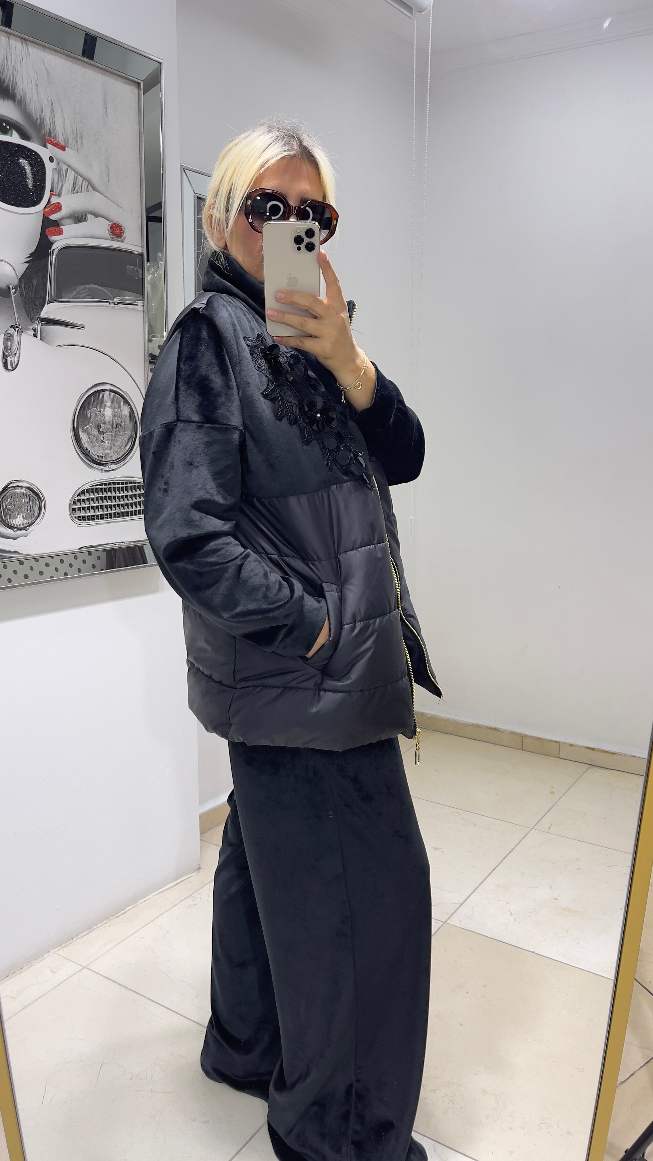 İşlemeli Yelekli Kadife  Takım