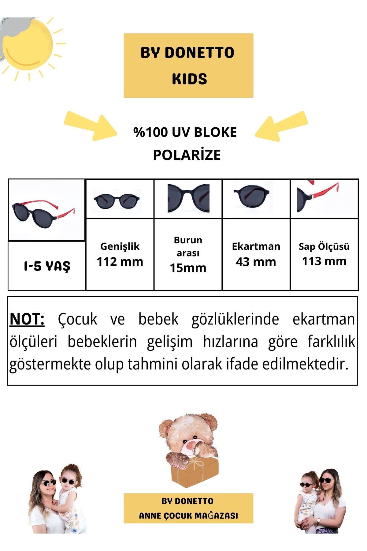 Unisex ( 1-5 Yaş )polarize Siyah Çocuk Güneş Gözlüğü Kırmızı Sap Detaylı