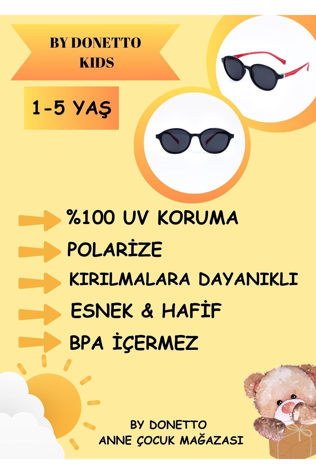 Unisex ( 1-5 Yaş )polarize Siyah Çocuk Güneş Gözlüğü Kırmızı Sap Detaylı