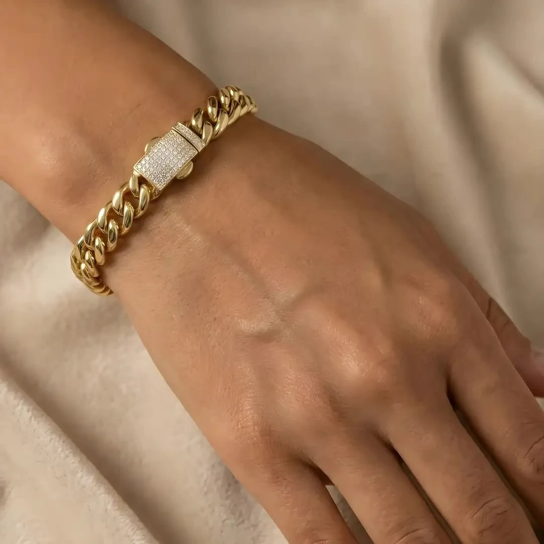 14 Ayar Altın Küba Zincir Bileklik – 15.93 Gram | Taşlı Kilit & Lüks Tasarım