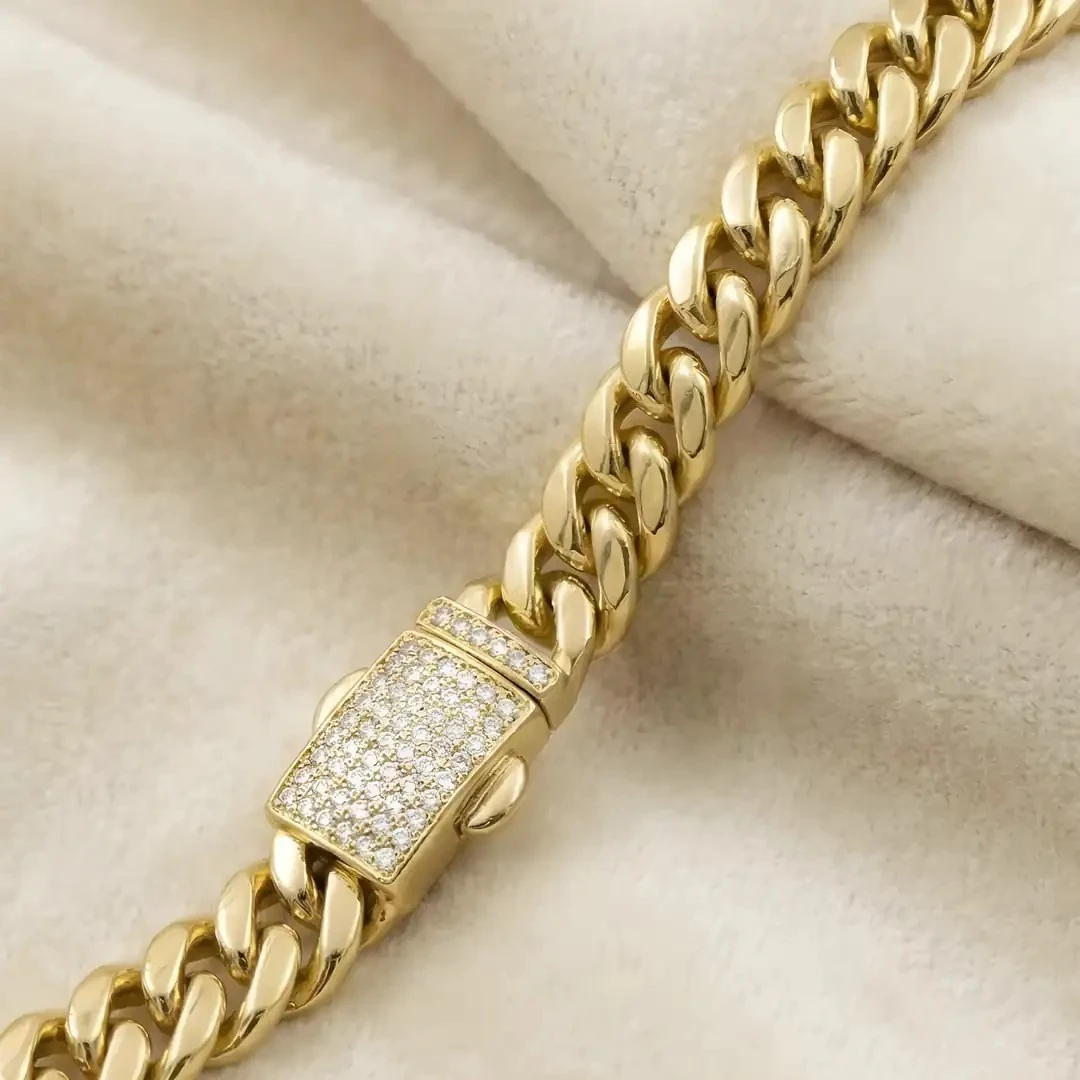 14 Ayar Altın Küba Zincir Bileklik – 15.93 Gram | Taşlı Kilit & Lüks Tasarım