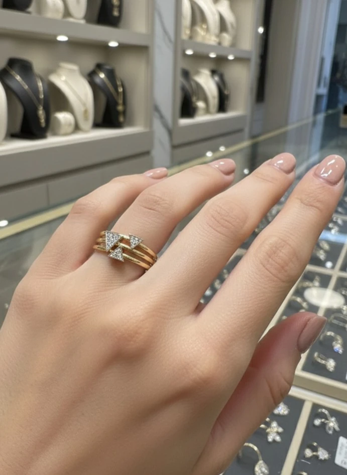 14 Ayar Altın Üçgen Detaylı 3 Renkli Modern Yüzük – 4.11 Gr