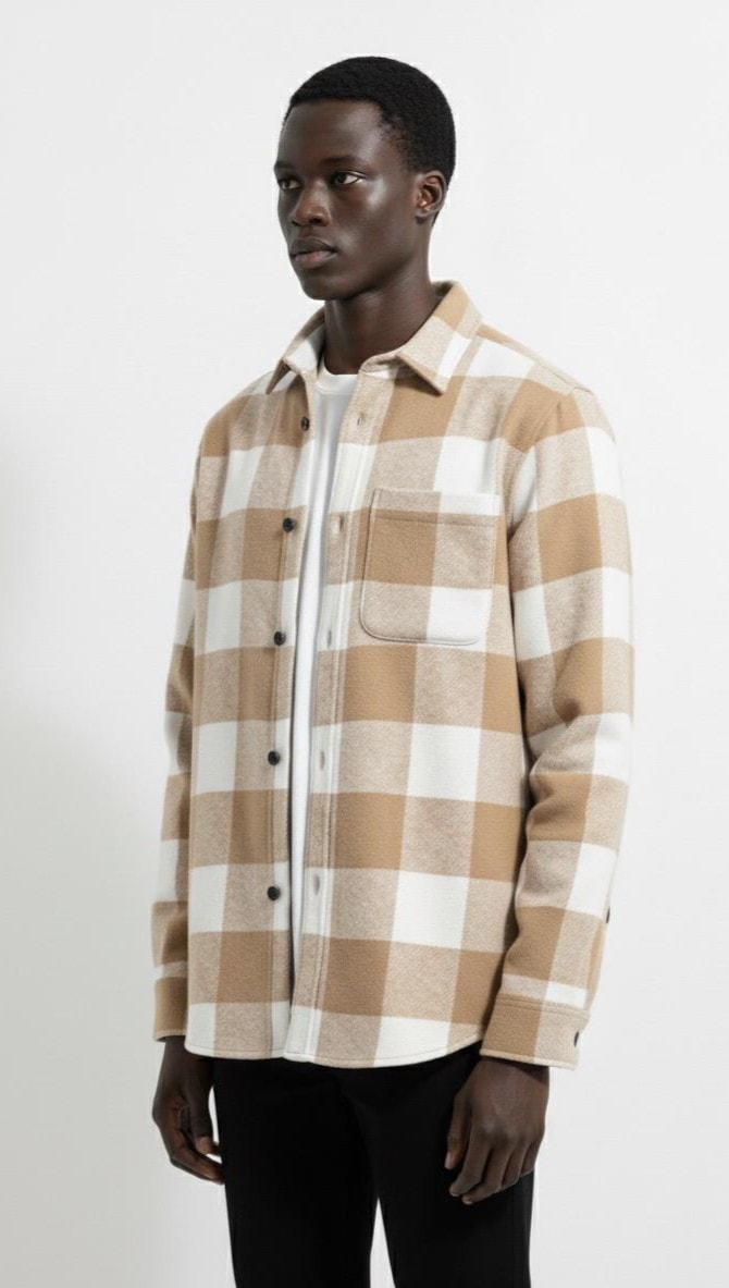 Ali Beyhan Uzun Kollu Regular fit Cepli Bej Beyaz Oduncu Gömlek