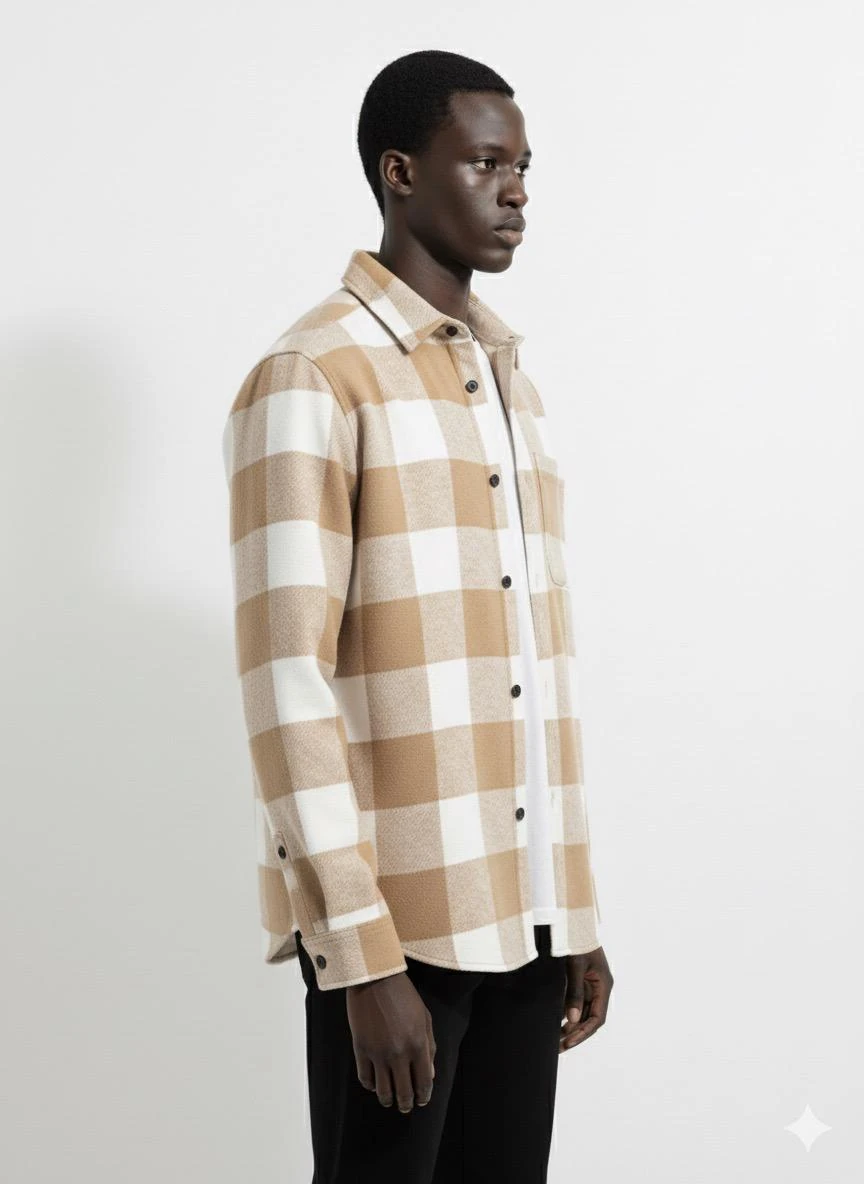 Ali Beyhan Uzun Kollu Regular fit Cepsiz Bej Beyaz Oduncu Gömlek