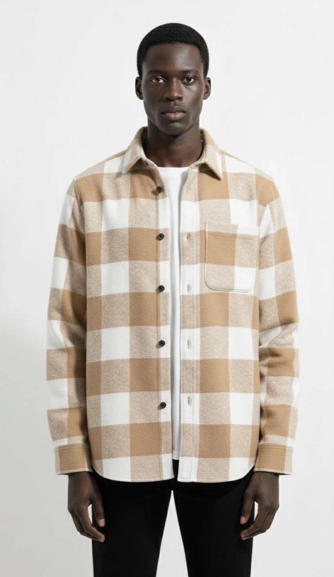 Ali Beyhan Uzun Kollu Regular fit Cepli Bej Beyaz Oduncu Gömlek