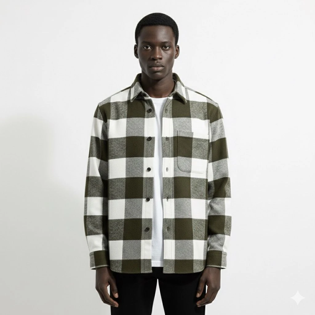 Ali Beyhan Uzun Kollu Regular fit Cepli Haki Beyaz Oduncu Gömlek