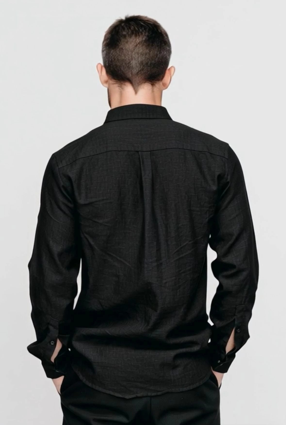 ALİ BEYHAN ERKEK SİYAH KETEN GÖMLEK - SLİM FİT,UZUN KOLLU,ÖZEL TASARIM