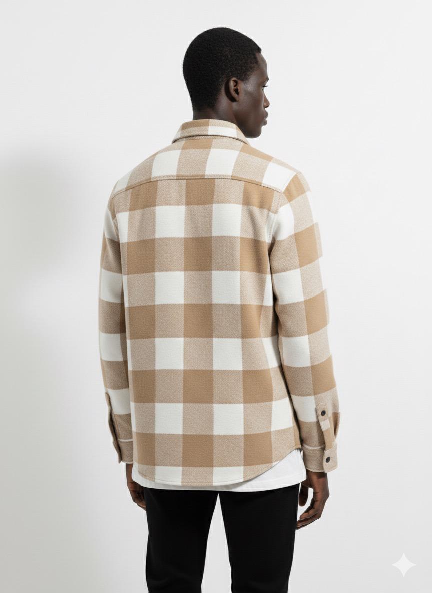 Ali Beyhan Uzun Kollu Regular fit Cepsiz Bej Beyaz Oduncu Gömlek