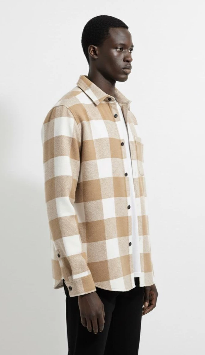 Ali Beyhan Uzun Kollu Regular fit Cepli Bej Beyaz Oduncu Gömlek