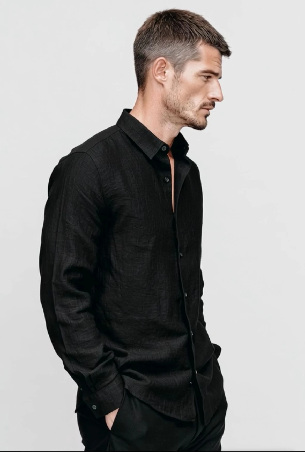 ALİ BEYHAN ERKEK SİYAH KETEN GÖMLEK - SLİM FİT,UZUN KOLLU,ÖZEL TASARIM