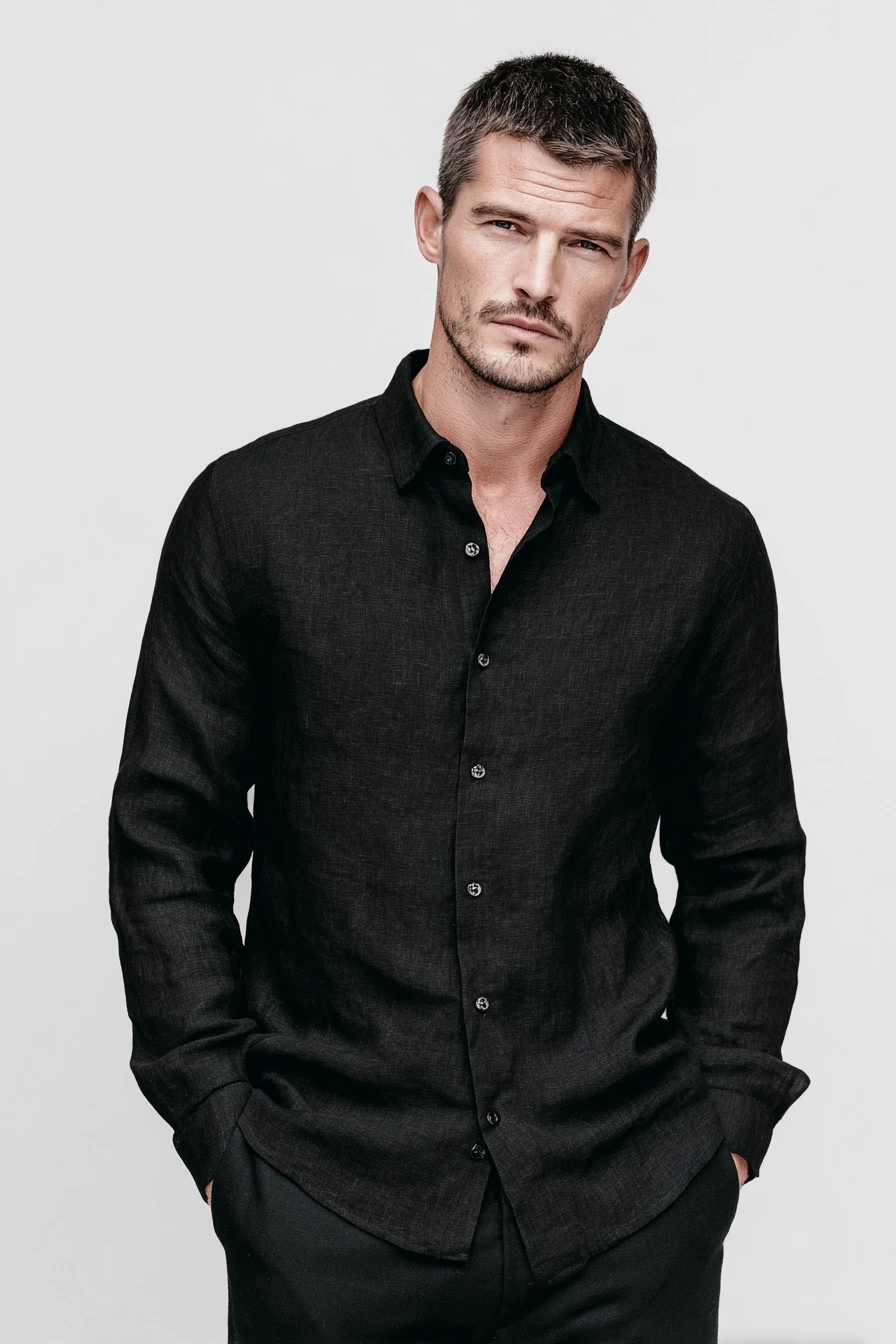 ALİ BEYHAN ERKEK SİYAH KETEN GÖMLEK - SLİM FİT,UZUN KOLLU,ÖZEL TASARIM