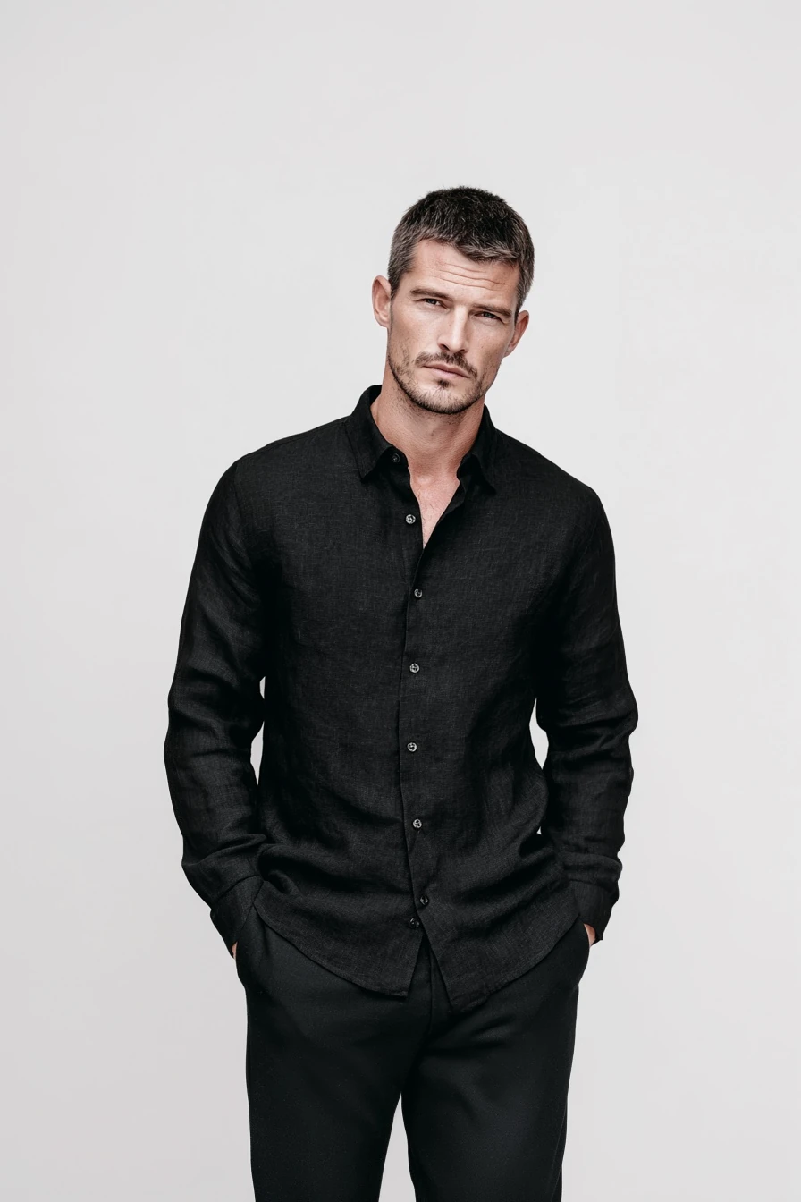 ALİ BEYHAN ERKEK SİYAH KETEN GÖMLEK - SLİM FİT,UZUN KOLLU,ÖZEL TASARIM