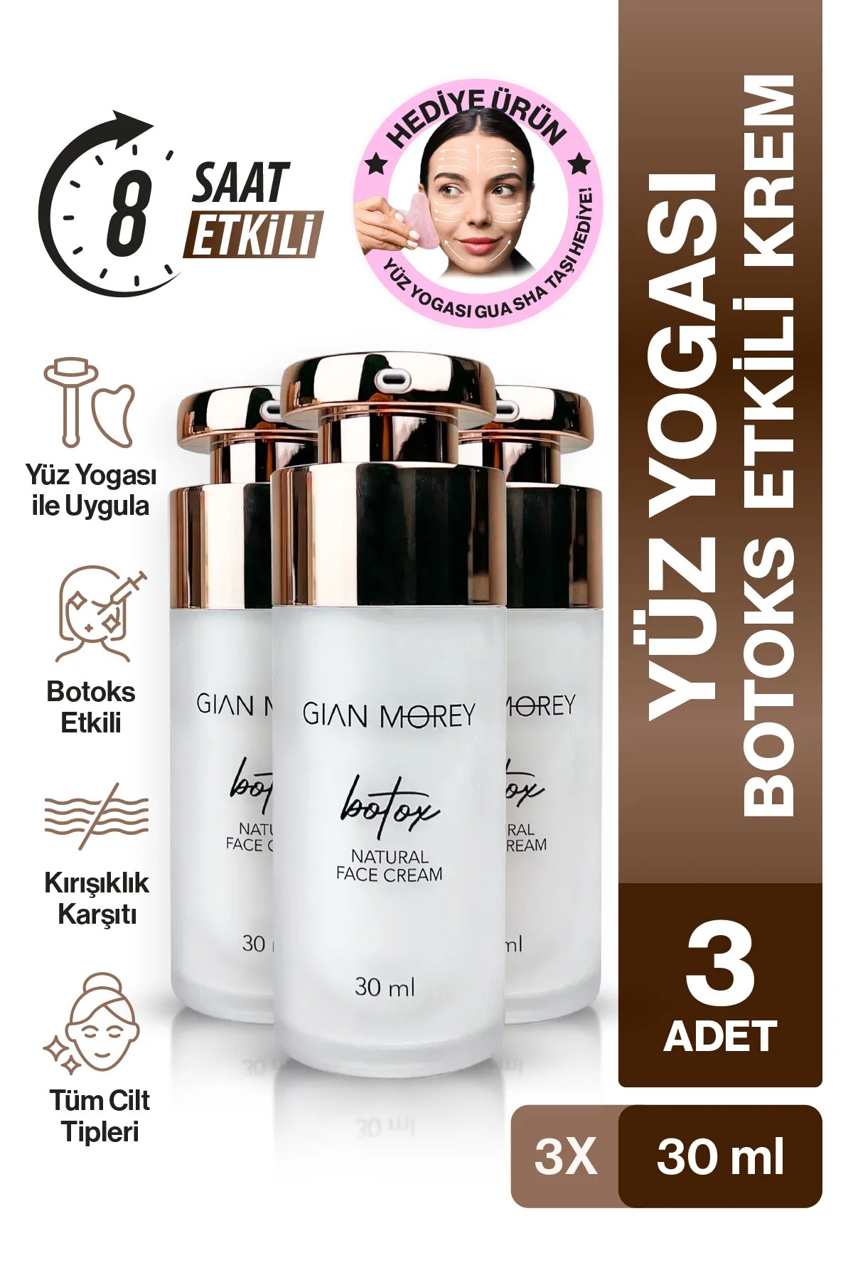  3'lü Botoks Etkili Kırışıklık Karşıtı Natural Face Cream 30 ml Gua Sha Taşı Hediyeli