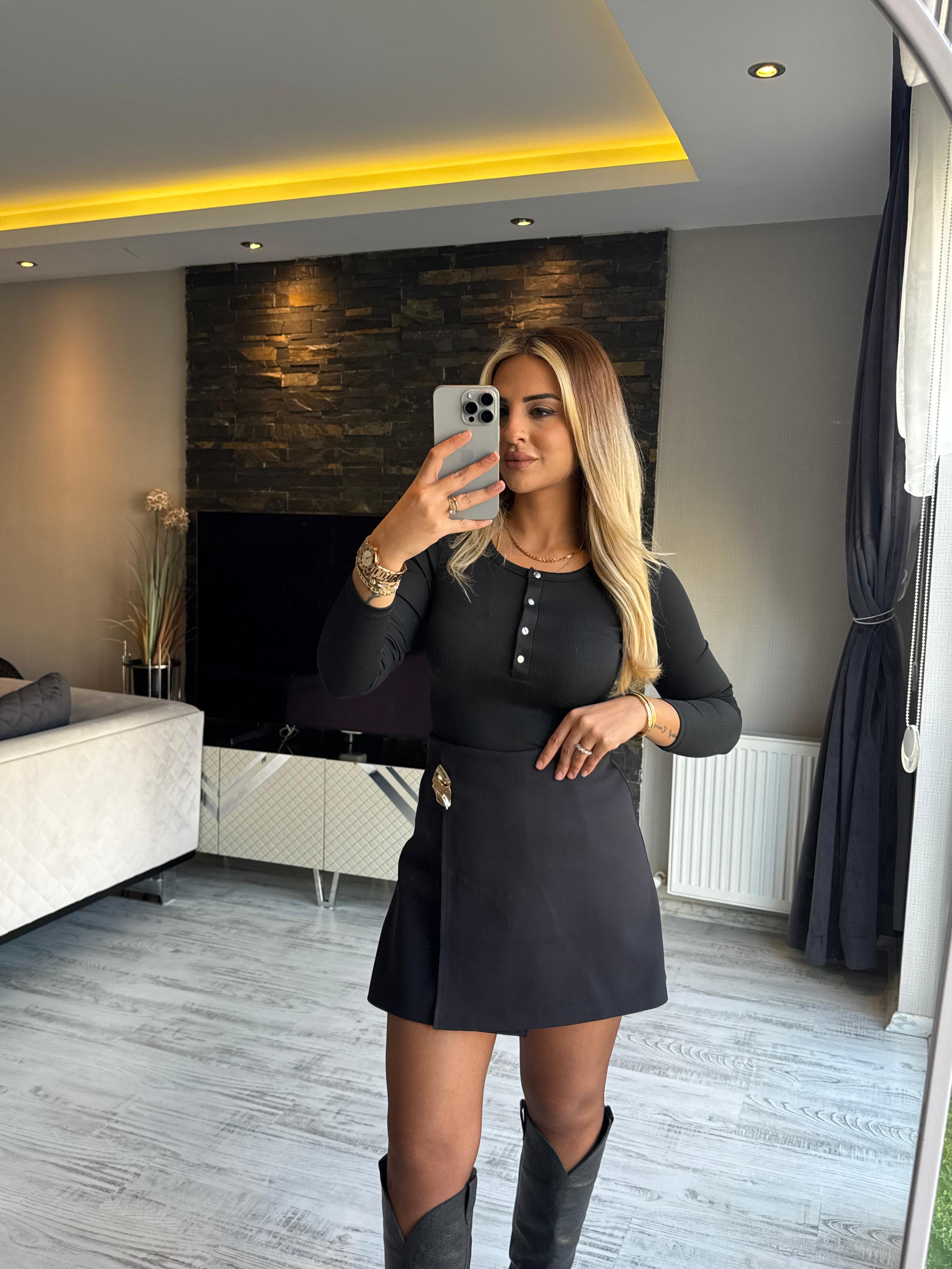 Fitilli Uzun Kollu Badi Bluz  - Siyah