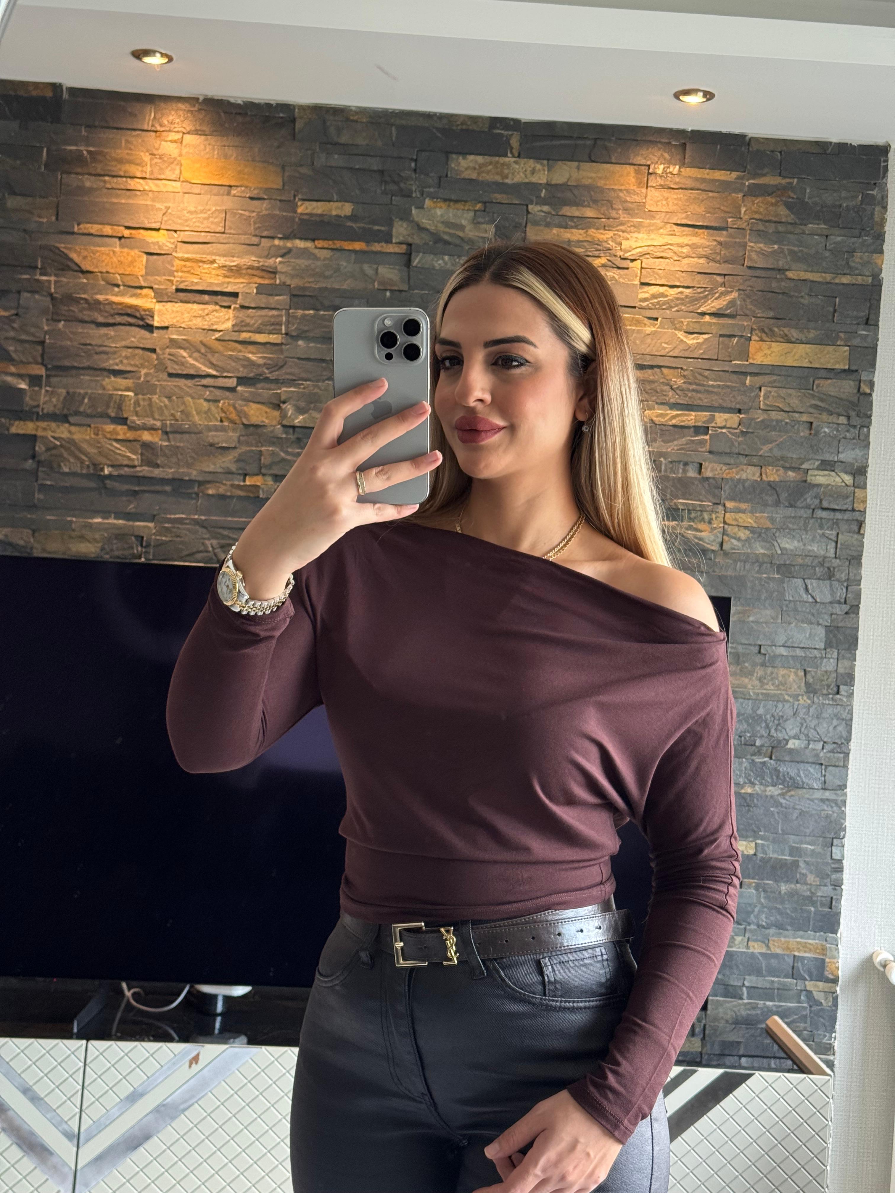 Asimetrik Kahve Uzun Kollu Top 