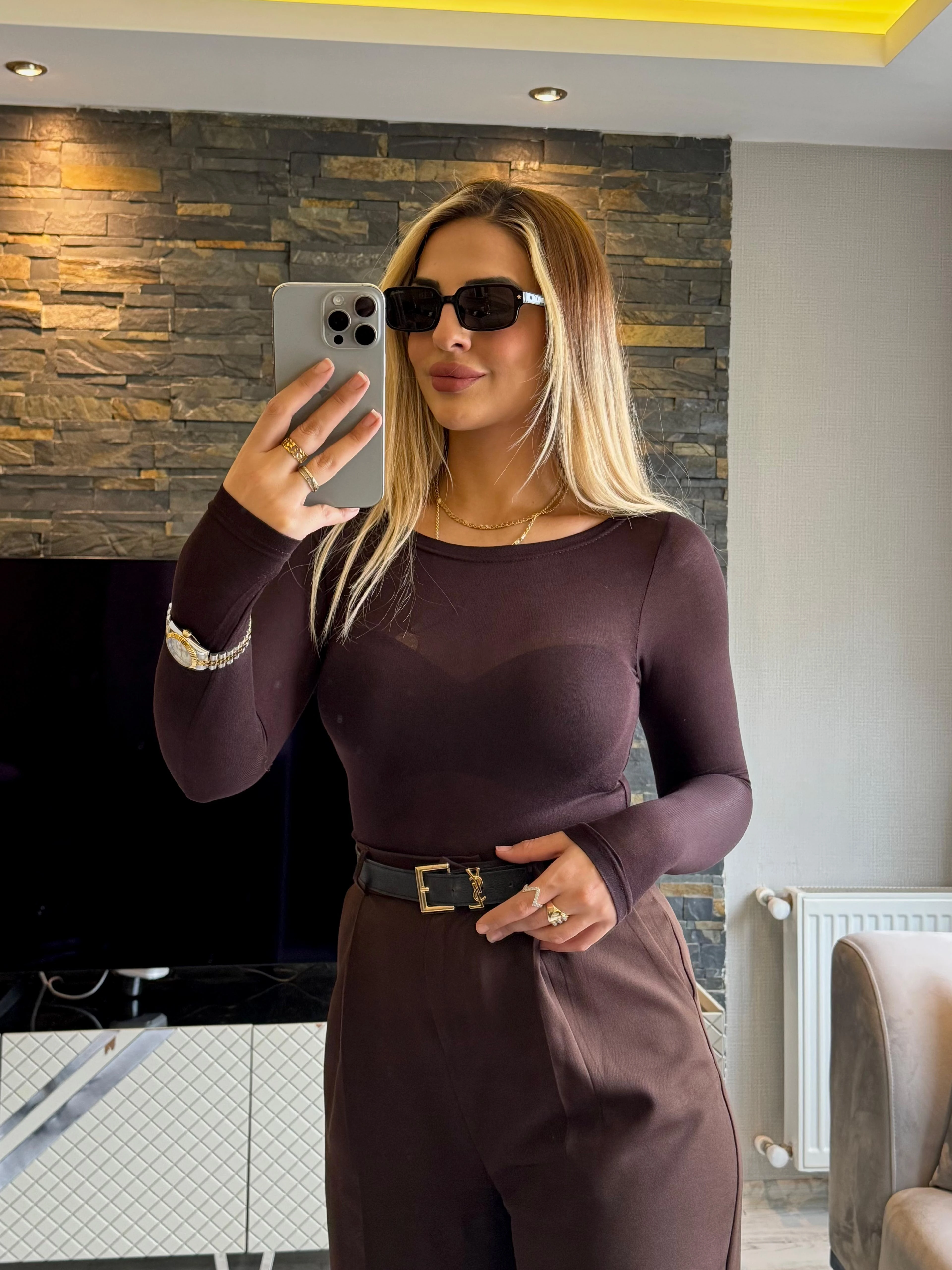 Transparan Kahve Badi Bluz 