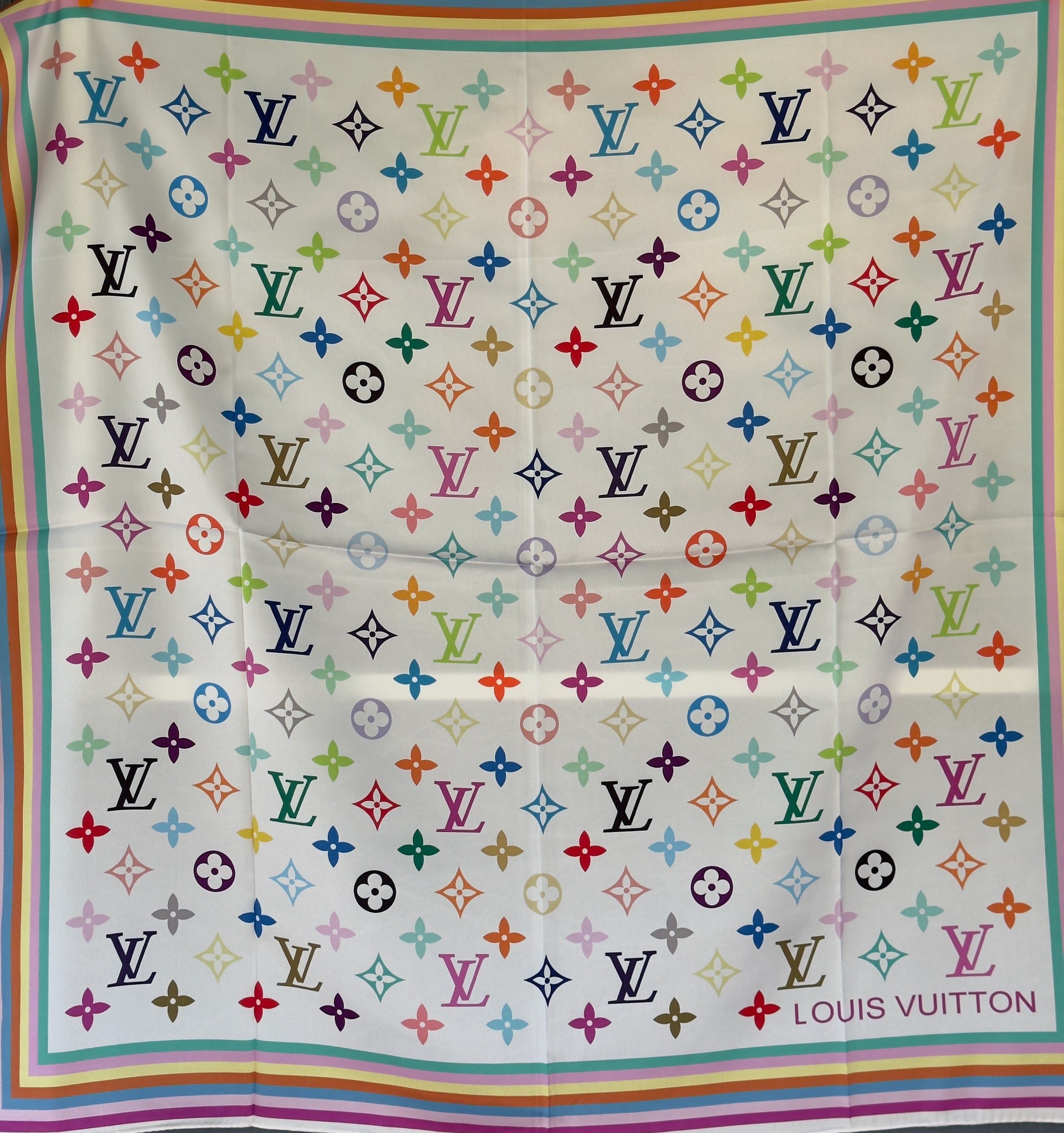 Multicolore Monogram Rainbow Blanc İpek Şal