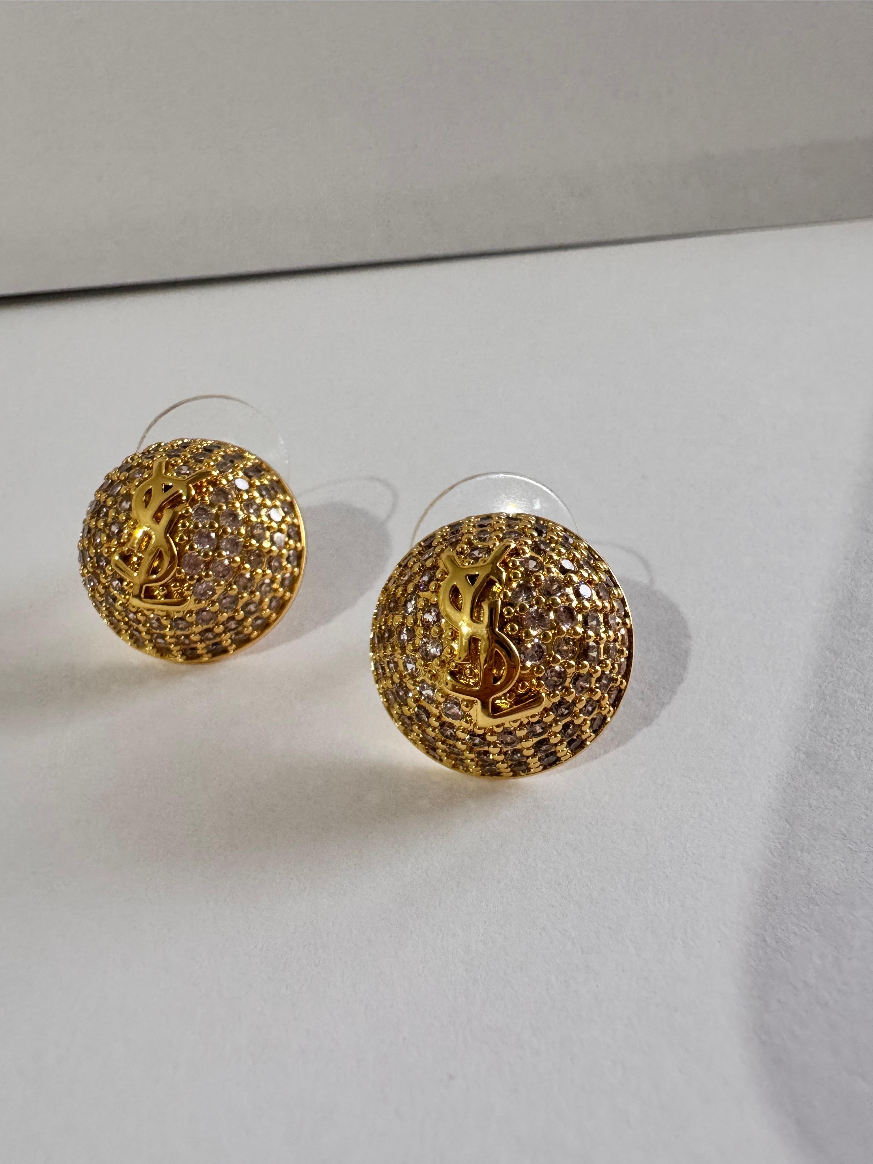 YSL. Gold Yuvarlak Taşlı Küpe