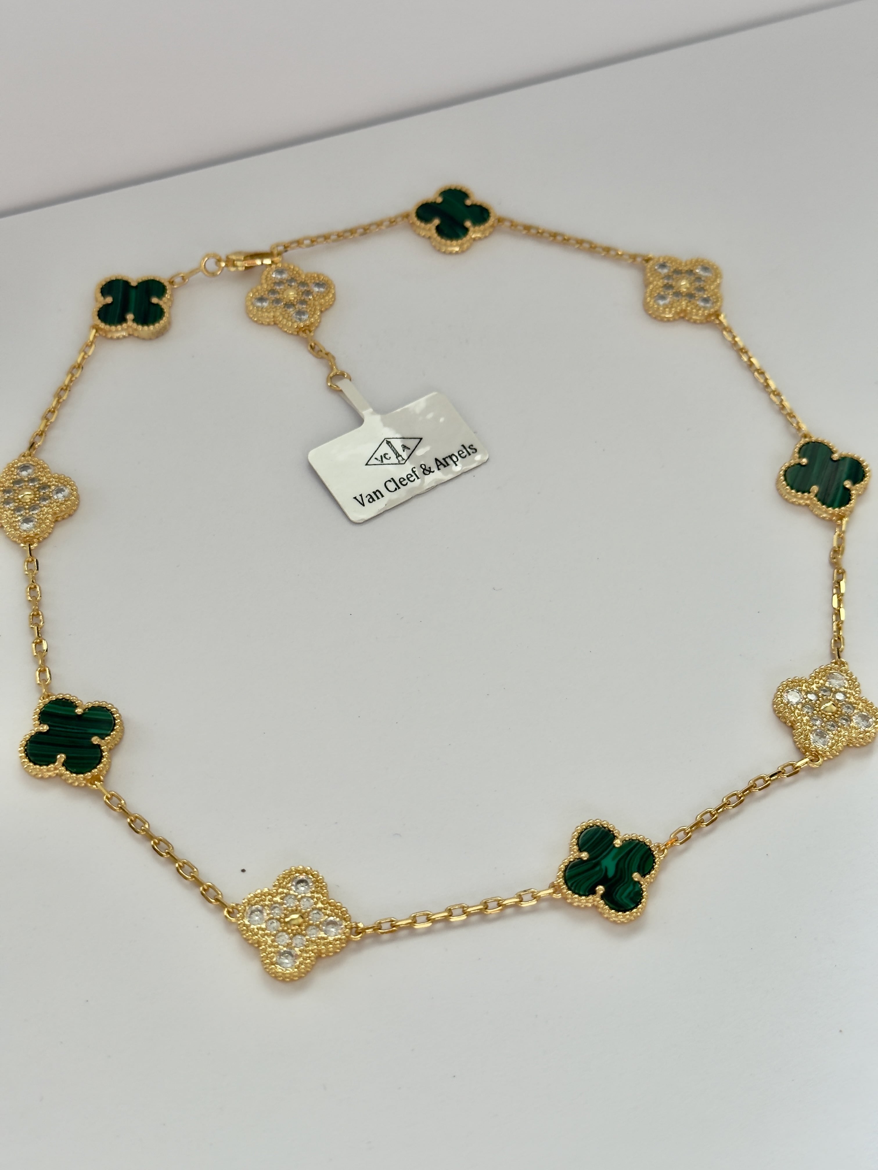 Gold Taşlı - Malahit Taşlı 10 Yonca Kolye