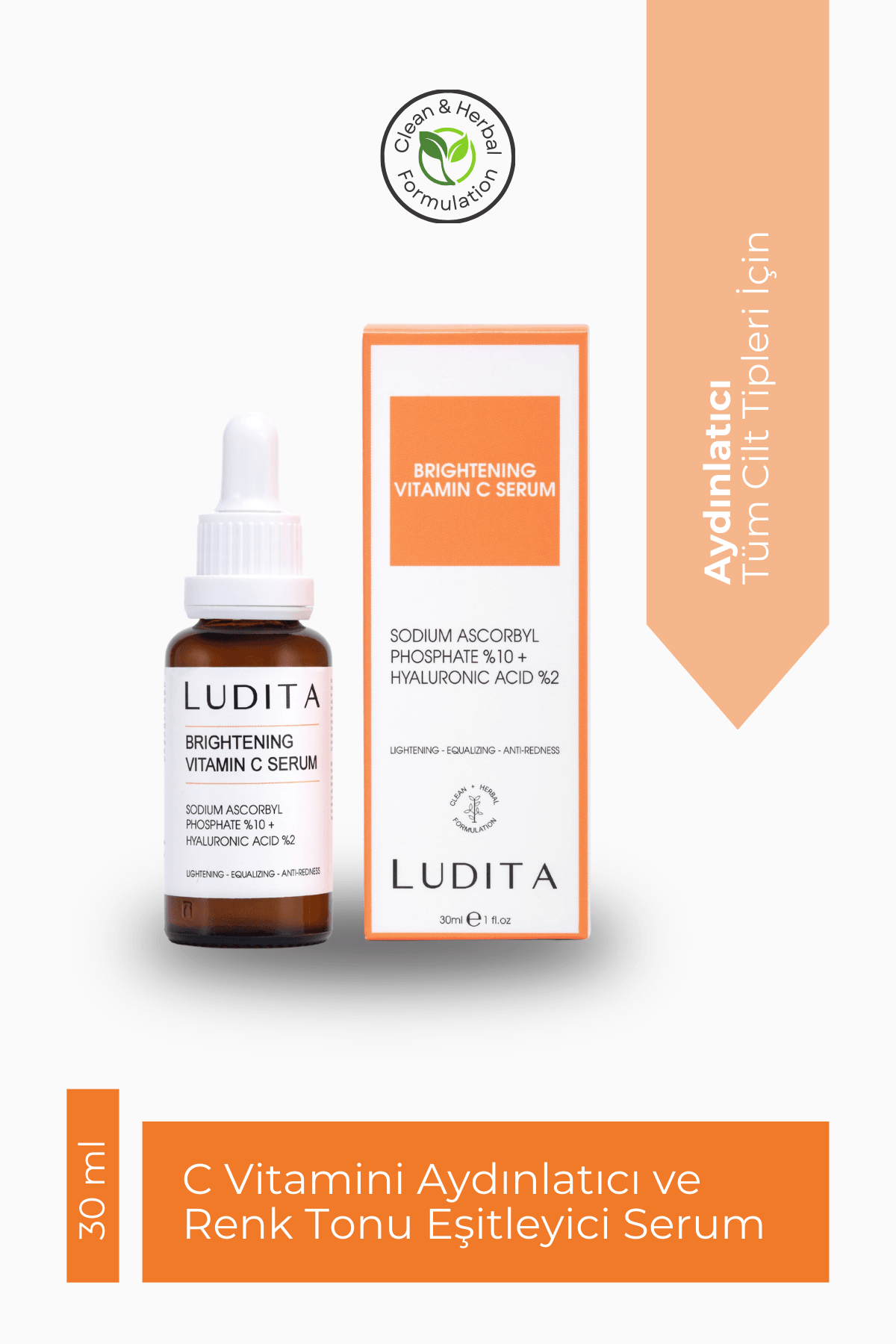 Ludita Aydınlatıcı, Renk Tonu Eşitleyici C Vitamini Serumu (Vitamin C 10% + Hyaluronic Acid 2%)