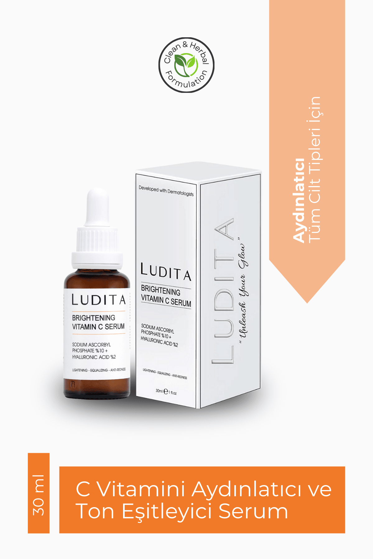 Ludita Illuminating, Tone-Equalizing Vitamin C Serum (Vitamin C 10% + Hyaluronic Acid 2%)