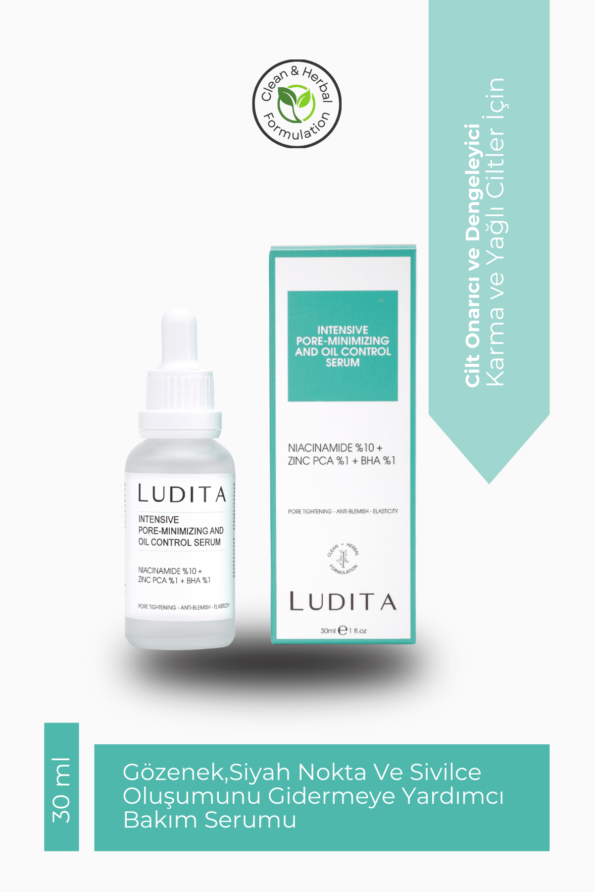 Ludita Gözenek, Siyah Nokta ve Sivilce Oluşumunu Gidermeye Yardımcı Bakım Serumu (Niacinamide 10%+Zınc Pca1% + BHA 1%)