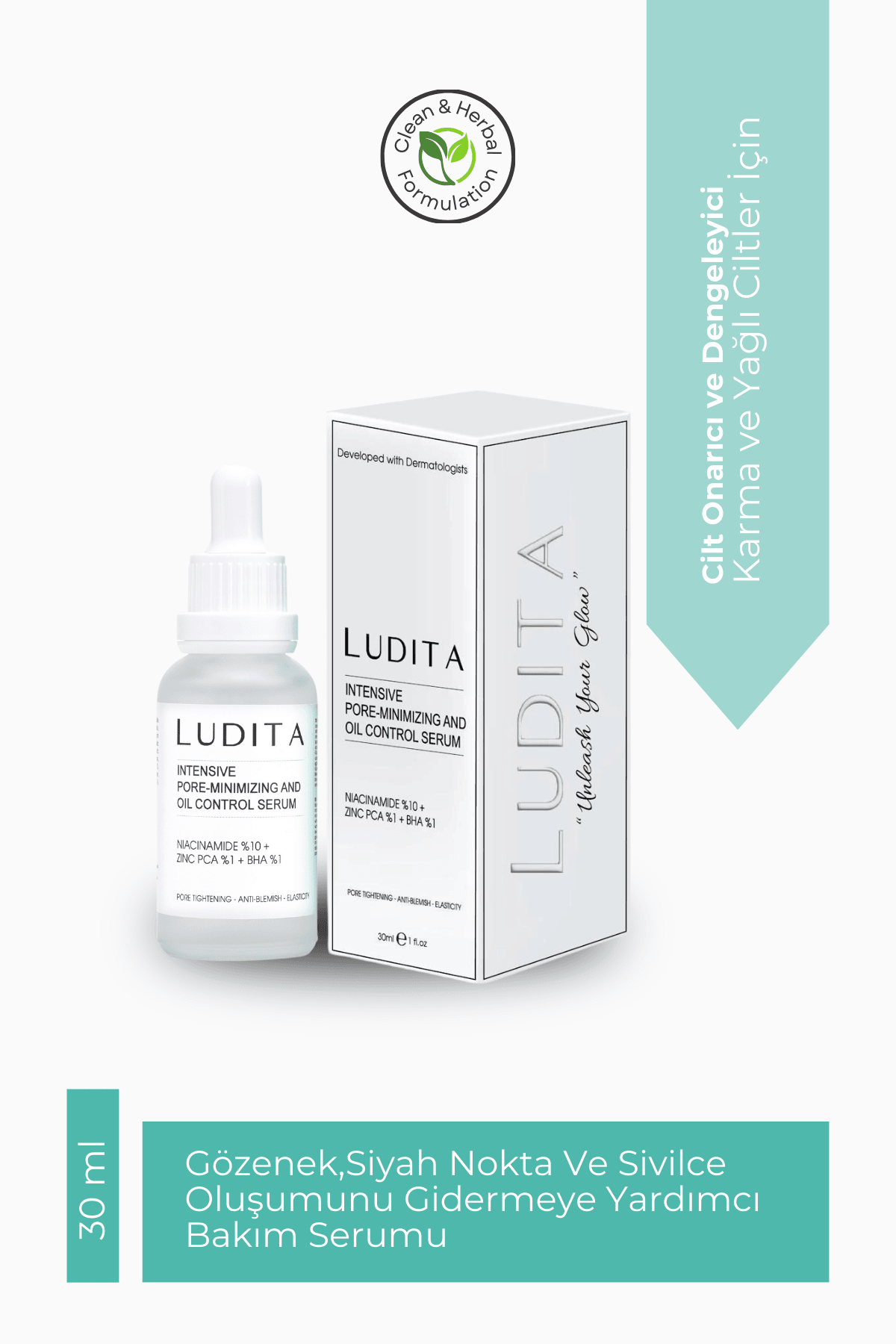 Ludita Pore, Blackhead, and Acne Care Serum (Niacinamide 10% + Zinc PCA 1% + BHA 1%)