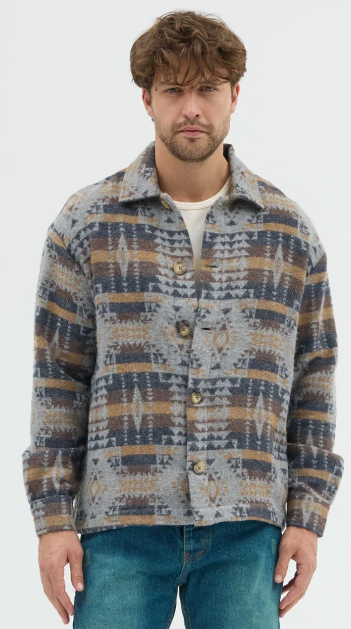 Erkek Oversize Rahat Kesim Bej Etnik Kilim Desenli Kalın Ceket Gömlek 