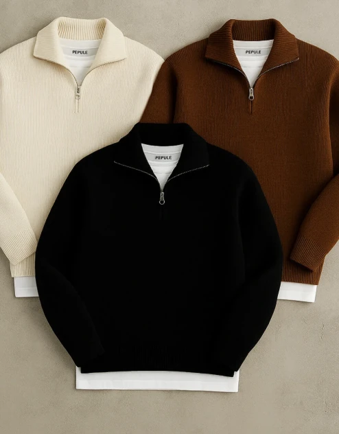 3’lü Avantajlı Set Bej Kahve Siyah Erkek Salaş Yarım Fermuarlı Kışlık Triko kazak Selanik Kazak