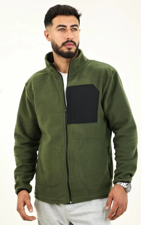 Haki Polar Ceket 3 Cepli Tam Fermuarlı Ön Parça Detaylı
