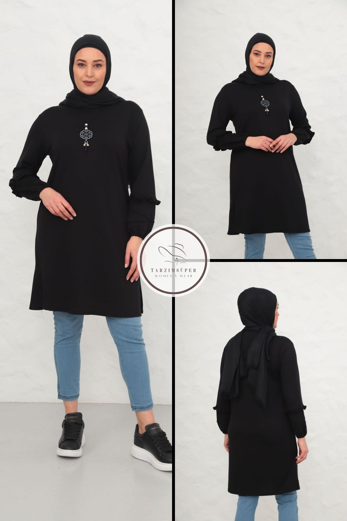 Büyük Beden Kolye Hediyeli Tesettür Tunik Esnek Kumaş Fırfırlı Beli Yırtmaçlı Konfor Modeli Tunik