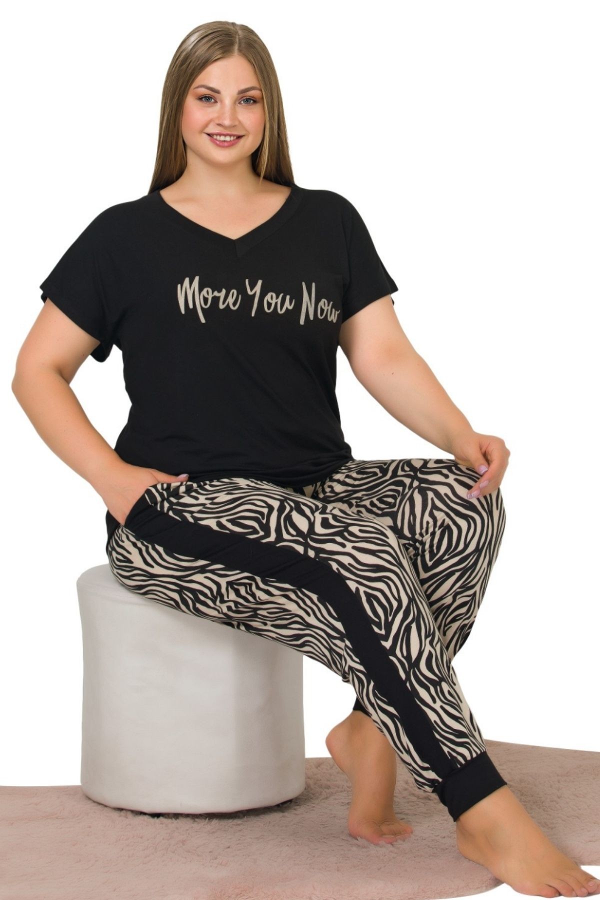 Büyük Beden Lüks Pijama Takımı Beli Lastikli Konfor Modeli Pamuklu Kadın Pijama Takım