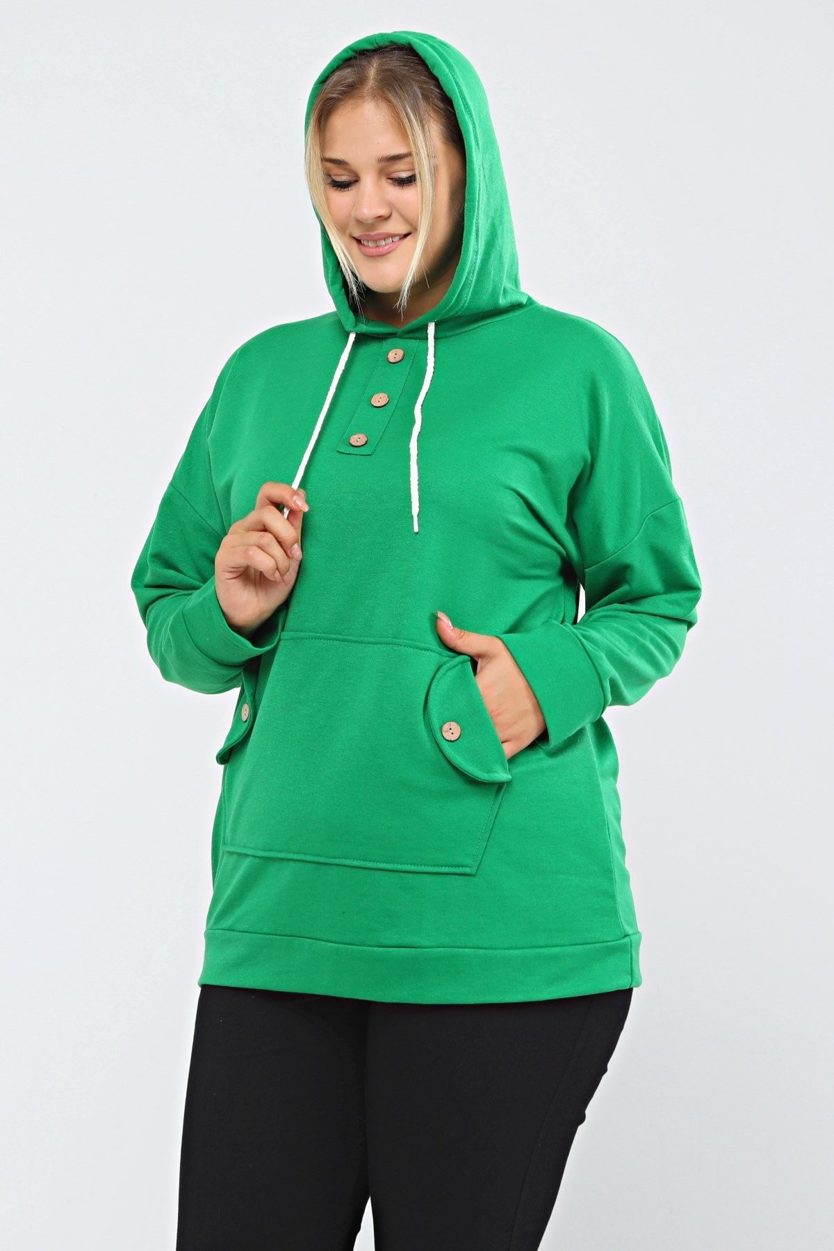 Kapüşonlu Kanguru Cepli Likralı Düğme Detaylı Uzun Hoodie Sweatshirt