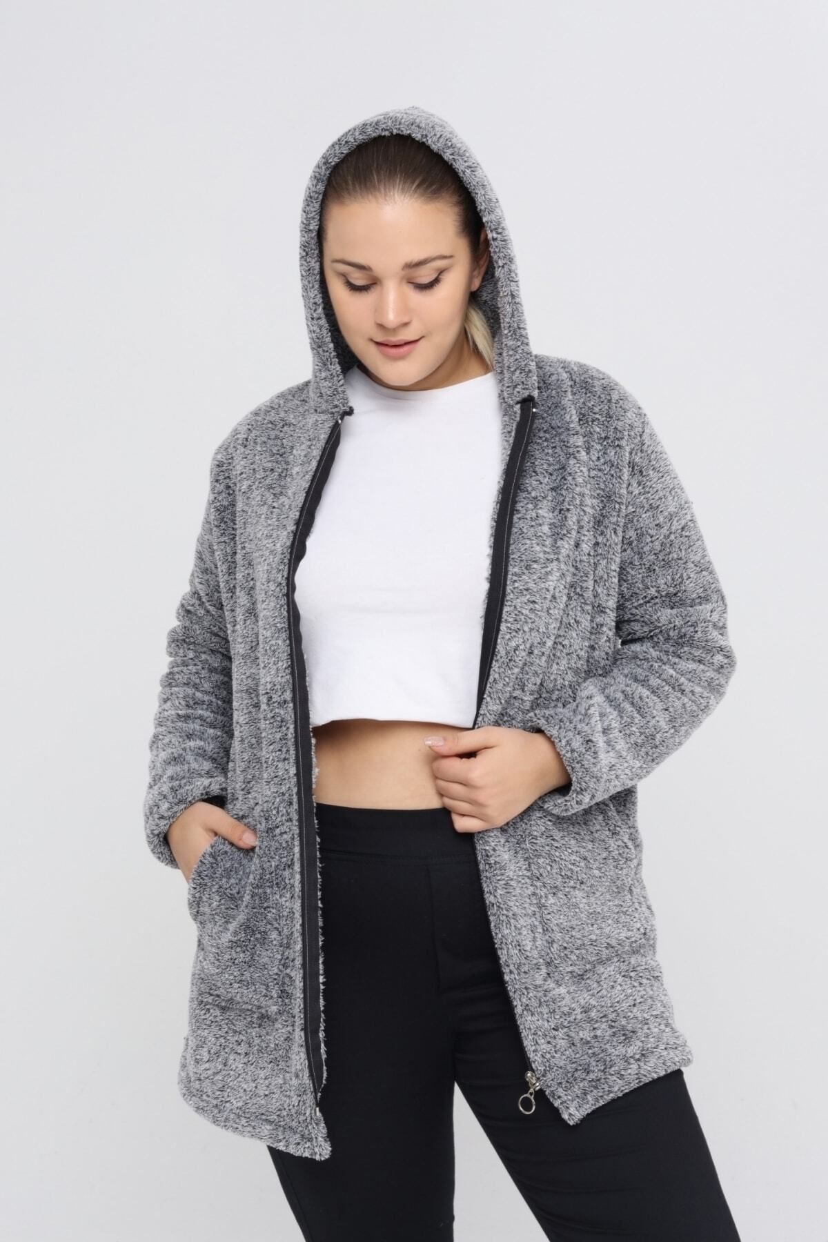 Büyük Beden Sıcak Tutan Peluş Sweat Fermuarlı Kapüşonlu 2 Cepli Örme Peluş Polar Sweatshirt