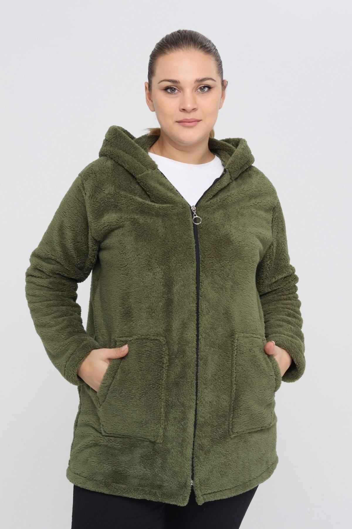 Büyük Beden Sıcak Tutan Peluş Sweat Fermuarlı Kapüşonlu 2 Cepli Örme Peluş Polar Sweatshirt
