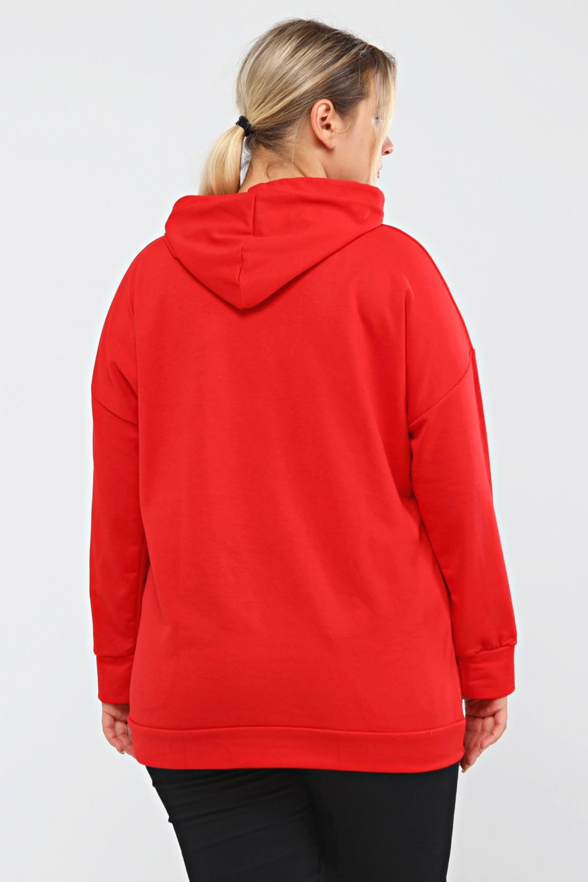 Kapüşonlu Kanguru Cepli Likralı Düğme Detaylı Uzun Hoodie Sweatshirt