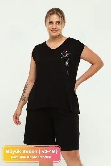 Büyük Beden Alt Üst Şortlu Konforlu Pijama Takımı Curve Pamuklu Curve 2'li Alt-üst Takım Siyah - siyah -kırmızı