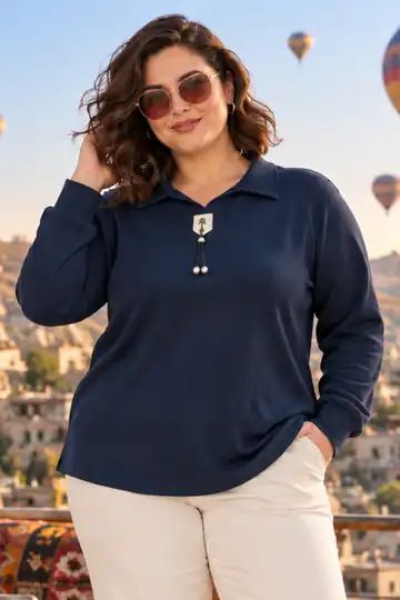Kadın Büyük Beden Kristal Kumaş Polo Yaka Uzun Kollu Bluz - Lacivert