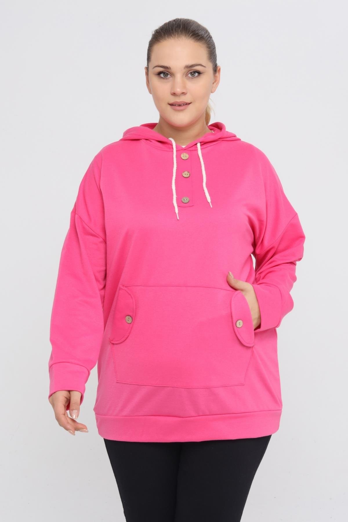 Kapüşonlu Kanguru Cepli Likralı Düğme Detaylı Uzun Hoodie Sweatshirt