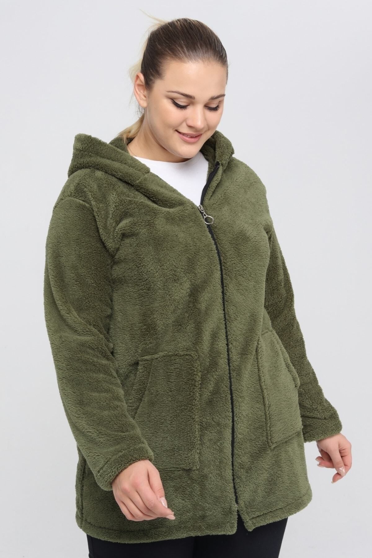 Büyük Beden Sıcak Tutan Peluş Sweat Fermuarlı Kapüşonlu 2 Cepli Örme Peluş Polar Sweatshirt