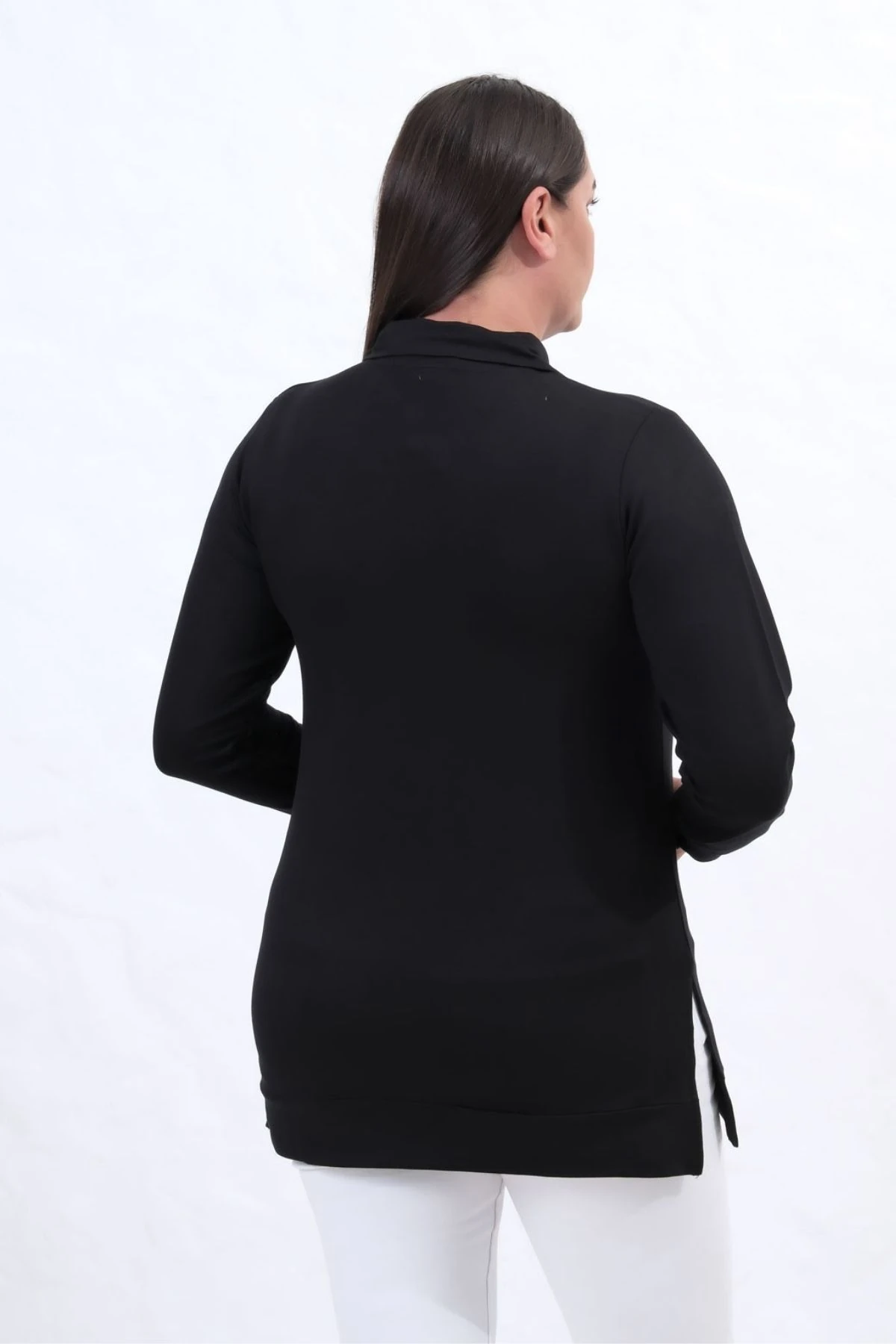 Kadın Büyün Beden Fermuarlı  Polo Yaka Kristal Kumaş  Yırtmaçlı Tesettür Tunik