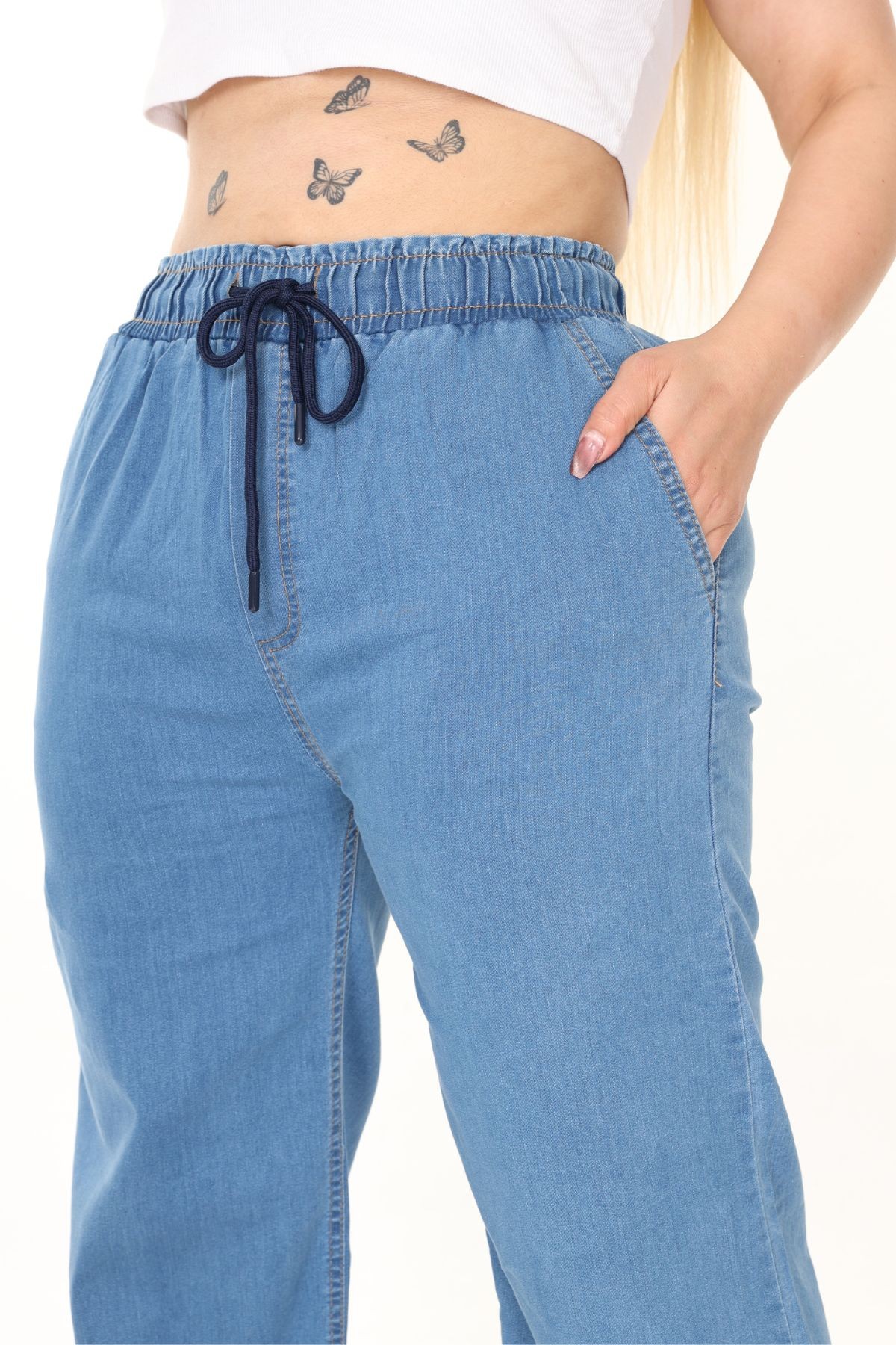 Büyük Beden Yazlık  Beli Lastikli  Bol Paça Yüksek Belli  Kot Pantolon
