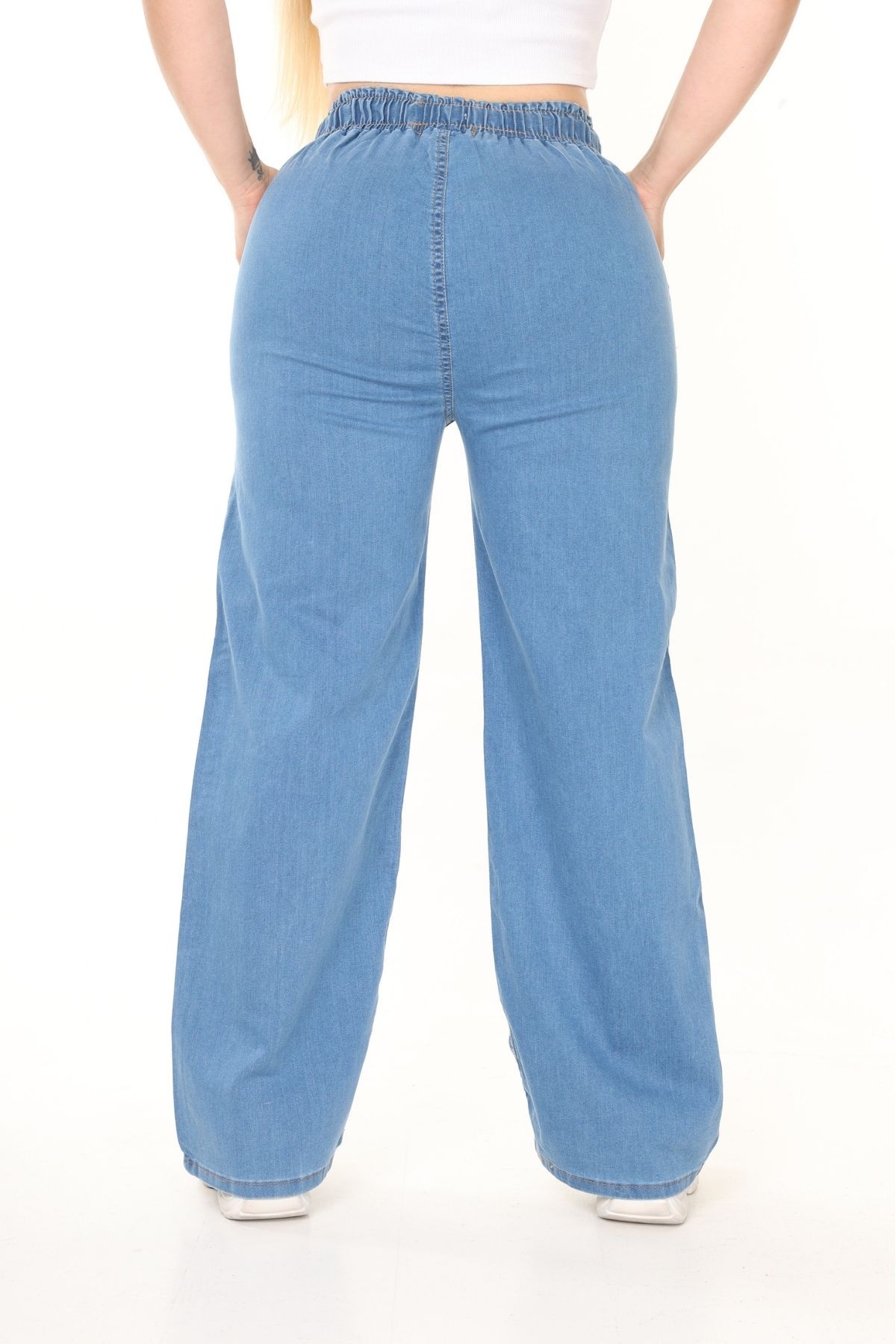 Büyük Beden Yazlık  Beli Lastikli  Bol Paça Yüksek Belli  Kot Pantolon