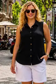 Kadın Büyük Beden Kolsuz Düğmeli Rahat Kalıp Yazlık Bluz - Siyah