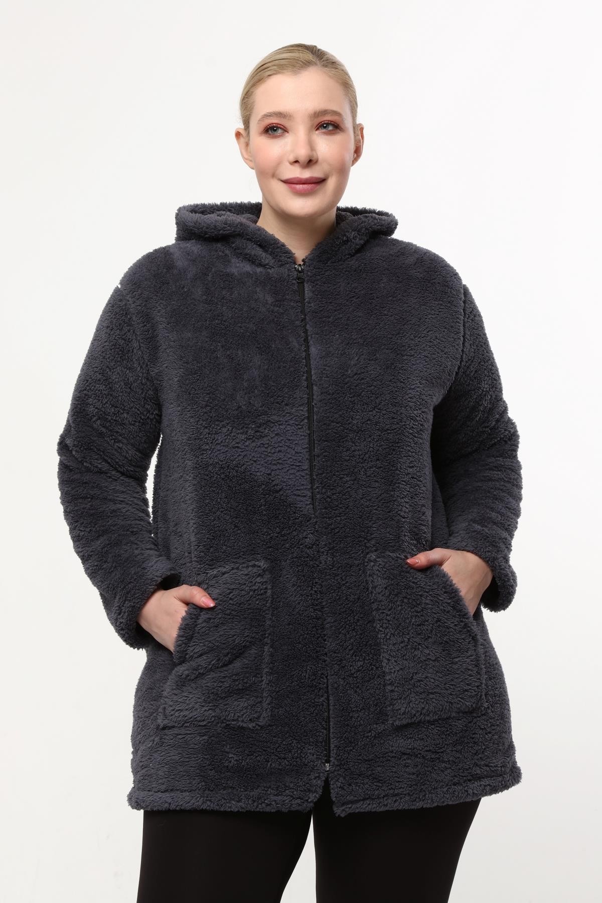 Peluş Sweat Fermuarlı Kapüşonlu 2 Cepli Örme Peluş Polar Sweatshirt