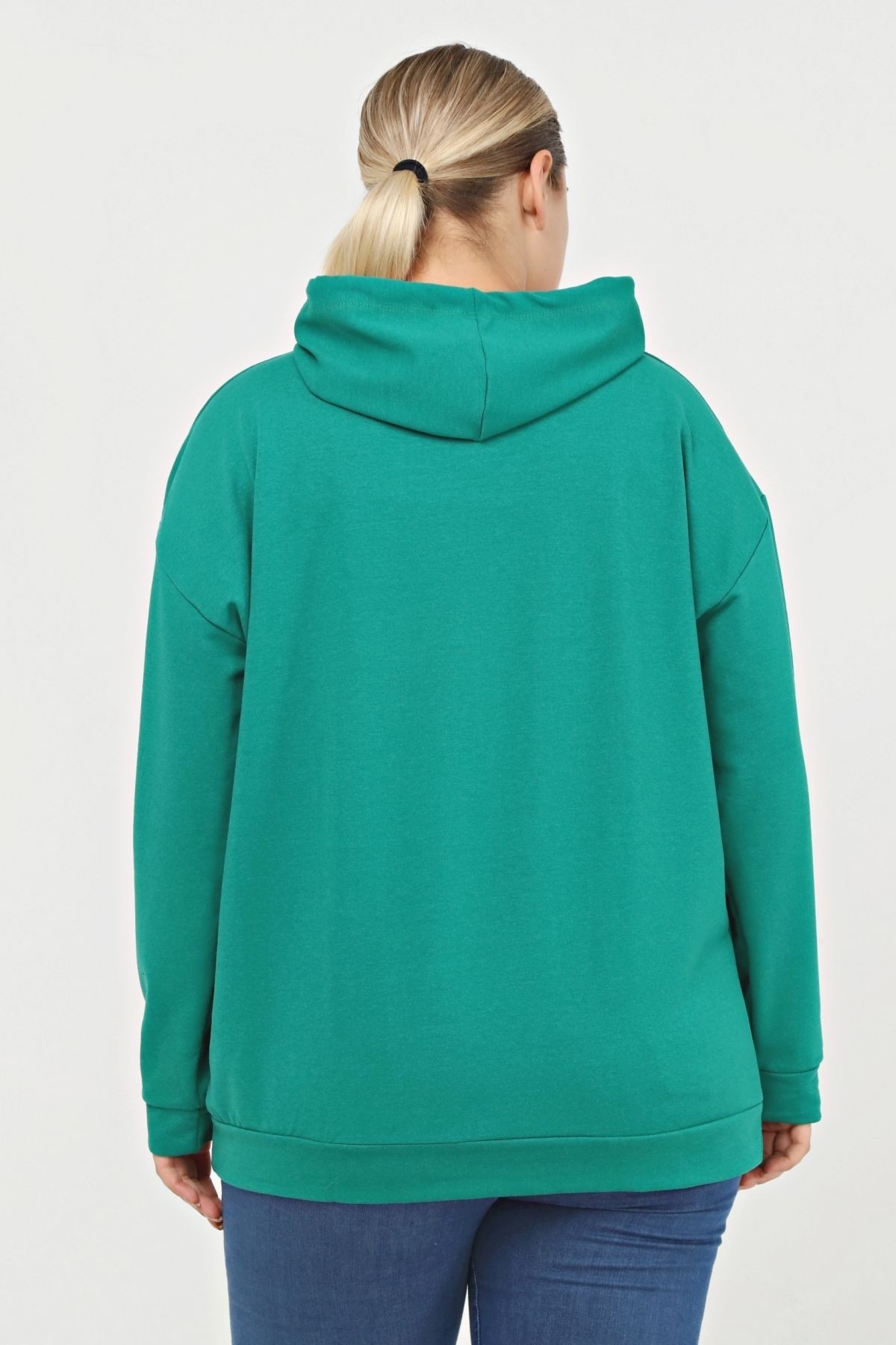 Kadın Büyük Beden Kanguru Cepli Kapüşonlu Hoodie 4 Mevsim Penye Rahat Kalıp Konfor Modeli Sweatshirt