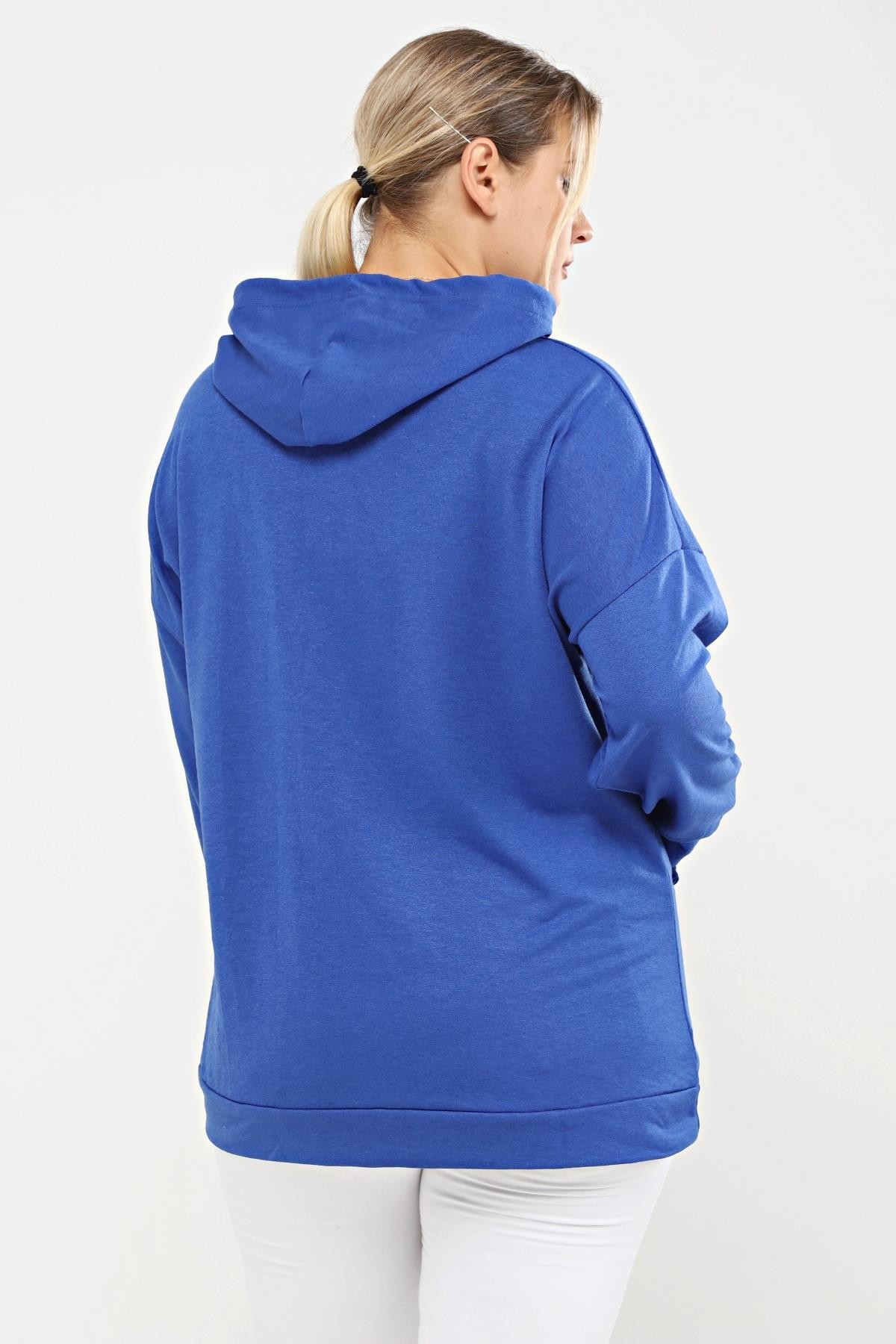 Kapüşonlu Kanguru Cepli Likralı Düğme Detaylı Uzun Hoodie Sweatshirt